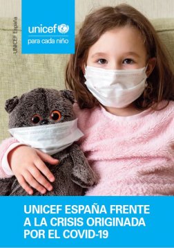 Portada de UNICEF España especial COVID19 con niña y osito con mascarilla
